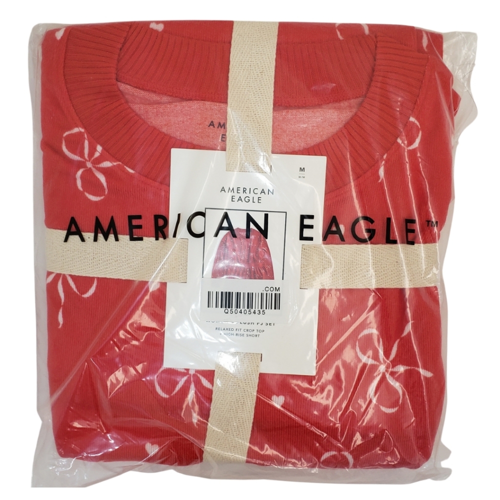 AMERICAN EAGLE Long Sleeve Shirt & Shorts Bow Plush Pajama Set Cherry Red NWT